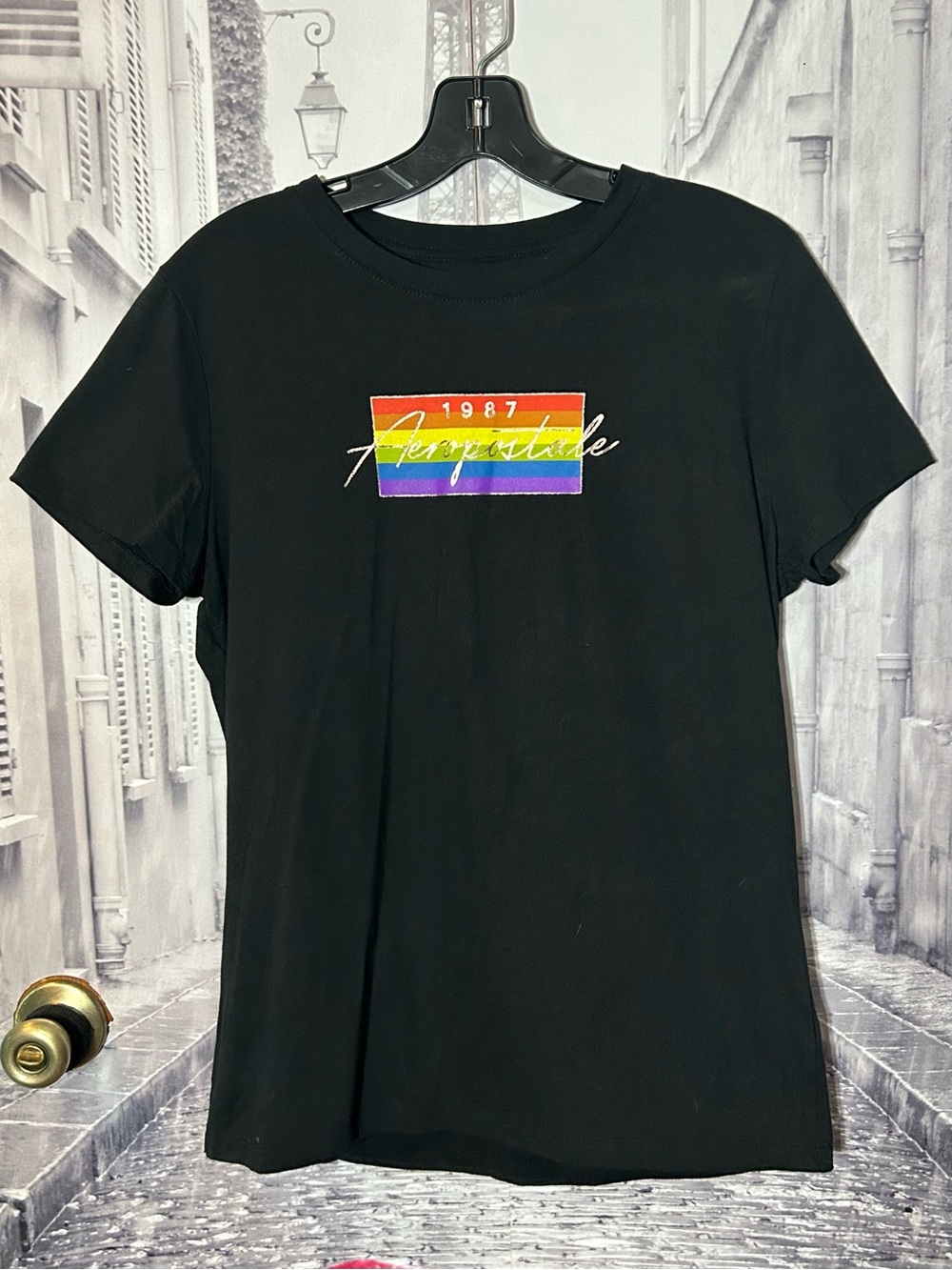 Black Graphic Tee with Pride Rainbow Stripe Logo - Aeropostale
